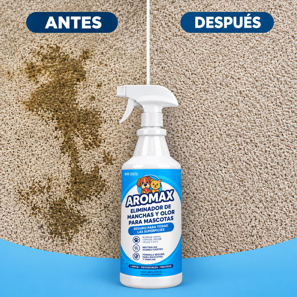 Eliminador de manchas y olores fuertes para mascotas con aroma a frescura peluda